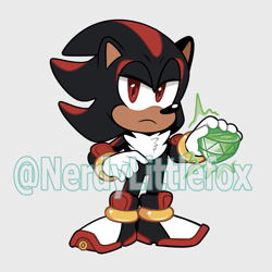 Size: 800x800 | Tagged: safe, artist:devotedsidekick, shadow the hedgehog, 2024, chaos emerald, cute, frown, grey background, lidded eyes, looking at viewer, obtrusive watermark, shadowbetes, signature, simple background, solo, standing, watermark
