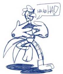 Size: 1352x1578 | Tagged: safe, artist:devotedsidekick, scratch, 2024, dialogue, laughing, line art, looking ahead, looking offscreen, mouth open, robot, solo, walking