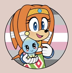 Size: 1682x1686 | Tagged: safe, artist:devotedsidekick, tikal, chao, 2024, beige background, chaobetes, cute, demigirl, demigirl pride, duo, flat colors, holding them, neutral chao, pride, pride flag, simple background, smile, standing