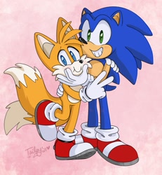 Size: 1361x1470 | Tagged: safe, artist:devotedsidekick, miles "tails" prower, sonic the hedgehog, 2021, abstract background, backwards v sign, blushing, cheek squish, duo, looking at viewer, signature, smile, standing, standing on one leg, v sign