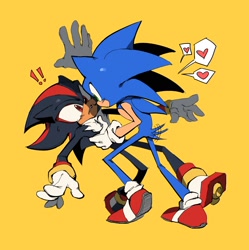 Size: 1754x1758 | Tagged: safe, artist:saewiam, shadow the hedgehog, sonic the hedgehog, 2024, blushing, cute, duo, exclamation mark, gay, heart, holding them, looking at each other, shadow x sonic, shipping, simple background, wagging tail, yellow background