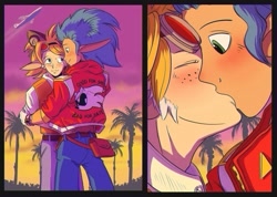 Size: 1924x1372 | Tagged: safe, artist:the_khvostik, miles "tails" prower, sonic the hedgehog, human, 2024, abstract background, airplane, anime, blushing, comic, freckles, gay, holding each other, humanized, kiss, outdoors, palm tree, shipping, sonic x tails, standing, style emulation, sunset