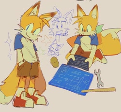 Size: 2048x1903 | Tagged: safe, artist:clumxy, miles "tails" prower, 2024, alternate outfit, blueprint, clothes, cup, hands in pocket, kneeling, ruler, shirt, shorts, smile, solo, standing, wrench