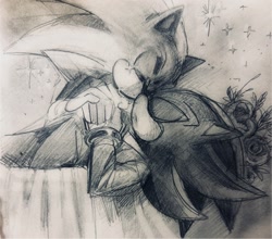 Size: 1941x1705 | Tagged: safe, artist:sa2sonic, shadow the hedgehog, sonic the hedgehog, 2024, duo, eyes closed, flower, flower bouquet, gay, greyscale, holding hands, kiss, lying back, lying down, monochrome, shadow x sonic, shipping, sparkles, traditional media