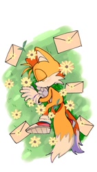 Size: 576x1024 | Tagged: safe, artist:tarumnu, miles "tails" prower, 2024, blushing, eyes closed, flower, grass, letter, lying on side, simple background, solo, tears, white background