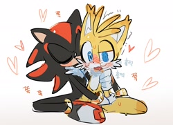 Size: 1656x1197 | Tagged: safe, artist:n9_sha, miles "tails" prower, shadow the hedgehog, 2024, blushing, cute, drooling, duo, eyes closed, gay, heart, holding them, kiss on cheek, kneeling, mouth open, shadow x tails, shadowbetes, shipping, simple background, sitting, surprise kiss, surprised, sweatdrop, tailabetes, tears, white background