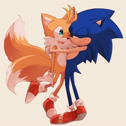 Size: 2000x2000 | Tagged: safe, artist:q__sci, miles "tails" prower, sonic the hedgehog, 2024, cream background, cute, duo, eyes closed, gay, hugging, looking at them, one eye closed, shipping, simple background, smile, sonabetes, sonic x tails, standing, tailabetes