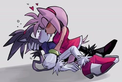 Size: 2048x1384 | Tagged: safe, artist:sonslivshad, amy rose, blaze the cat, 2024, amy x blaze, blushing, drooling, duo, eyes closed, grey background, heart, holding them, kiss, lesbian, lying down, shadow (lighting), shipping, simple background, swirly eyes, tears, wagging tail