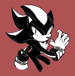 Size: 1131x1150 | Tagged: safe, artist:shanzehpoo, shadow the hedgehog, 2024, black and white, frown, looking at viewer, red background, simple background, solo