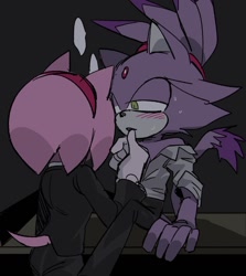 Size: 1224x1375 | Tagged: suggestive, artist:sonslivshad, amy rose, blaze the cat, 2024, alternate outfit, amy x blaze, duo, finger under chin, lesbian, lidded eyes, looking at each other, loose shirt, mouth open, shipping, sitting, speech bubble, standing, sweatdrop