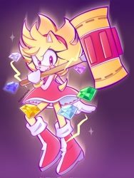 Size: 1536x2048 | Tagged: safe, artist:fluffyeviltails, amy rose, 2024, chaos emerald, flying, gradient background, holding something, looking at viewer, piko piko hammer, smile, solo, sparkles, super amy, super form