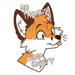 Size: 1181x1181 | Tagged: safe, artist:fizzy-dog, miles "tails" prower, 2024, bust, english text, flat colors, looking offscreen, meme, no thoughts head empty, obtrusive watermark, simple background, solo, tongue out, watermark, whiskers, white background
