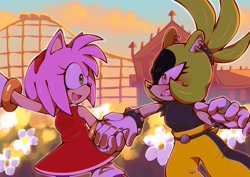 Size: 2048x1448 | Tagged: safe, artist:dexdexadet, amy rose, surge the tenrec, 2024, abstract background, duo, holding hands, lesbian, looking at each other, outdoors, pointing, shipping, smile, standing, surgamy, theme park