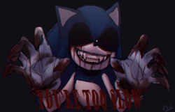 Size: 1948x1256 | Tagged: semi-grimdark, artist:pirog-art, sonic the hedgehog, oc, oc:sonic.exe, 2020, black background, black sclera, bleeding, bleeding from eyes, bleeding from mouth, blood, dialogue, english text, looking at viewer, nightmare fuel, oc only, sharp teeth, simple background, smile, solo, you're too slow