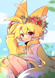 Size: 1240x1754 | Tagged: safe, artist:soba_kt, miles "tails" prower, human, 2024, abstract background, cute, daytime, ear fluff, eyebrow clipping through hair, flower, flower crown, humanized, looking at viewer, outdoors, partially humanized, sitting, smile, solo, tailabetes