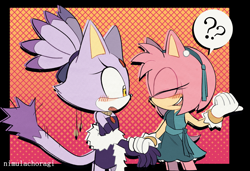 Size: 1354x924 | Tagged: safe, artist:varkaer, amy rose, blaze the cat, 2024, abstract background, alternate outfit, amy x blaze, blushing, cute, dress, duo, eyes closed, holding hands, lesbian, looking at them, mouth open, question mark, shipping, signature, smile, speech bubble, standing