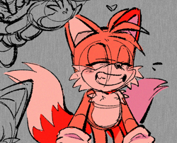 Size: 782x631 | Tagged: safe, artist:candycatstuffs, miles "tails" prower, blushing, clenched teeth, eyes closed, grey background, heart, simple background, sketch, smile, solo, standing