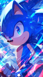 Size: 736x1308 | Tagged: safe, ai art, artist:dreamup.ai, sonic the hedgehog, 2024, abstract background, alternate eye color, blue eyes, clenched fist, looking at viewer, prompter:vuhvgnhv, smile, solo