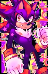Size: 1326x2048 | Tagged: safe, artist:rikuumii, shadow the hedgehog, 2024, abstract background, clenched fist, frown, looking offscreen, one fang, outline, signature, solo, standing, star (symbol)