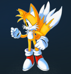 Size: 1073x1128 | Tagged: safe, artist:genesishero, miles "tails" prower, 2024, blue background, clenched fists, looking offscreen, outline, simple background, smile, solo, standing