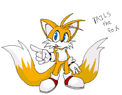 Size: 484x377 | Tagged: safe, artist:nickyb123, miles "tails" prower, 2010, character name, looking offscreen, pixel art, pointing, simple background, smile, solo, speedpaint available, speedpaint in description, standing, white background