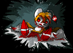 Size: 378x272 | Tagged: safe, artist:nickyb123, tails doll, 2010, abstract background, blood, blood stain, looking offscreen, sitting, smile, solo