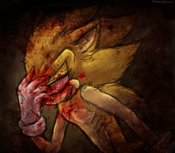 Size: 800x700 | Tagged: safe, artist:klarikatt, sonic the hedgehog, 2014, abstract background, blood, ear fluff, fleetway super sonic, hand on own head, lidded eyes, ribcage, sharp teeth, smile, solo, super form