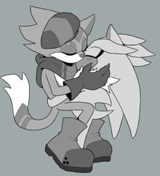 Size: 1314x1444 | Tagged: safe, artist:arborialrodent, silver the hedgehog, slinger the ocelot, hedgehog, beret, blushing, boots, carrying them, chest fluff, diamond cutters, diamond cutters outfit, duo, eyes closed, gay, gloves, grey background, greyscale, holding them, kiss, monochrome, ocelot, scarf, slingver, white fur
