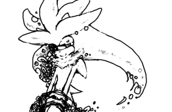 Size: 600x390 | Tagged: safe, artist:34_6, silver the hedgehog, greyscale, lidded eyes, monochrome, simple background, smile, solo, white background