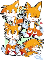 Size: 768x1024 | Tagged: safe, artist:noob6232128, miles "tails" prower, hand on chin, heart, lying on front, multiple views, question mark, smile, solo, wink