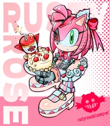 Size: 1741x2000 | Tagged: safe, artist:goatt344, sonic prime, alternate outfit, bow, cake, character name, dress, dulce amy, eggman empire logo, food, holding something, looking at viewer, rusty rose, solo, standing