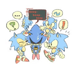 Size: 1480x1306 | Tagged: safe, artist:goatt344, metal sonic, sonic the hedgehog, cute, group, robot, self paradox, sonabetes, speech bubble