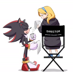 Size: 1271x1309 | Tagged: safe, artist:goatt344, maria robotnik, shadow the hedgehog, human, sonic the hedgehog 3 (film), chair, cup, director, director's chair, eyes closed, from behind, holding something, notepad, simple background, sitting, smile, standing, white background
