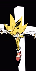 Size: 2098x4096 | Tagged: semi-grimdark, artist:ssedgehog, sonic the hedgehog, super sonic, biting lip, black background, blood, crucifix, crucifixion, simple background, solo, super form