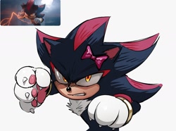 Size: 1998x1484 | Tagged: safe, artist:ssedgehog, shadow the hedgehog, sonic the hedgehog 3 (film), alternate gloves, angry, bow, paws, redraw, reference inset, simple background, solo, white background