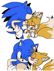 Size: 1019x1355 | Tagged: artist needed, source needed, safe, miles "tails" prower, sonic the hedgehog, blushing, blushing ears, duo, eyes closed, flat colors, gay, kiss on cheek, kiss on head, looking at them, one eye closed, shipping, simple background, smile, sonic x tails, traced, white background