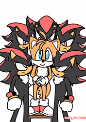 Size: 1358x1920 | Tagged: safe, artist:carolus04010856, miles "tails" prower, shadow the hedgehog, 2025, clone, flat colors, frown, gay, group, hands together, looking at them, looking at viewer, shadails, shipping, signature, simple background, smile, standing, step, surrounded, white background