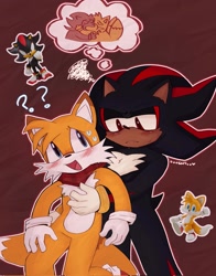 Size: 1609x2048 | Tagged: safe, artist:trixc3ss, miles "tails" prower, shadow the hedgehog, 2025, abstract background, blushing, cute, duo, frown, gay, holding them, kiss, lidded eyes, looking at each other, outline, scarf, shadails, shipping, signature, smile, standing, sweatdrop, tailabetes, thought bubble