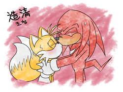 Size: 2000x1500 | Tagged: safe, artist:jocheong5, artist:造淸, knuckles the echidna, miles "tails" prower, 2023, abstract background, duo, eyes closed, gay, holding each other, imminent kissing, japanese text, knuxails, mouth open, shipping, standing, sweatdrop