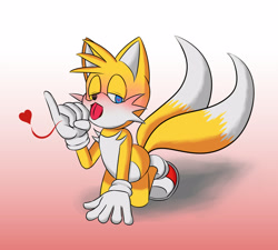 Size: 2500x2250 | Tagged: safe, artist:jocheong5, miles "tails" prower, 2024, all fours, blushing, gradient background, heart, lidded eyes, looking at viewer, solo, tongue out, wink