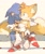 Size: 1100x1296 | Tagged: safe, artist:c52278, artist:狗不理栗子好吃吗, miles "tails" prower, sonic the hedgehog, 2020, cute, duo, frown, gay, hugging from behind, remote controller, shipping, signature, simple background, sitting, sonic x tails