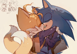 Size: 2481x1765 | Tagged: safe, artist:c52278, artist:狗不理栗子好吃吗, miles "tails" prower, sonic the hedgehog, 2020, alternate universe, backpack, bag, beige background, blushing, clothes, dialogue, duo, english text, eyes closed, gay, heart, holding each other, kiss, mint candy, school uniform, shipping, simple background, sonic x tails, speech bubble, standing