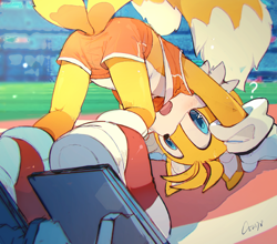 Size: 2146x1890 | Tagged: safe, artist:c52278, artist:狗不理栗子好吃吗, miles "tails" prower, 2021, abstract background, all fours, cute, looking at viewer, mario and sonic at the 2020 olympic games, question mark, signature, solo, tailabetes