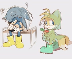 Size: 3264x2693 | Tagged: safe, artist:c52278, artist:狗不理栗子好吃吗, miles "tails" prower, sonic the hedgehog, 2020, bench, boots, covering mouth, cute, duo, grey background, holding something, looking at viewer, looking back, looking back at viewer, mouth open, plant pot, raincoat, simple background, sitting, smile, tailabetes, wellington boots