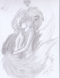 Size: 2089x2700 | Tagged: suggestive, artist:genkishuichi, miles "tails" prower, sonic the hedgehog, human, 2003, duo, eyebrow clipping through hair, eyes closed, fox ears, fox tail, gay, greyscale, heart, hedgehog ears, holding each other, humanized, kiss, monochrome, naked, partially humanized, pencilwork, shipping, signature, sonic x tails, standing, traditional media