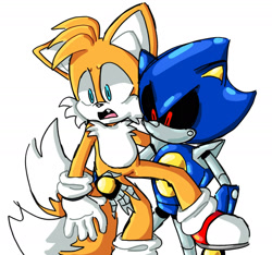 Size: 1726x1618 | Tagged: safe, artist:ilovetails, metal sonic, miles "tails" prower, 2025, black sclera, carrying them, crack shipping, duo, gay, looking offscreen, metails, mouth open, one fang, robot, simple background, standing, white background