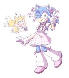 Size: 1509x1699 | Tagged: safe, artist:41waysu, miles "tails" prower, sonic the hedgehog, 2025, blushing, camera, crossdressing, cute, dress, duo, eyes closed, femboy, gay, heart, leg warmers, looking at viewer, posing, ribbon, shipping, simple background, smile, sonic x tails, tailabetes, v sign, white background, wink