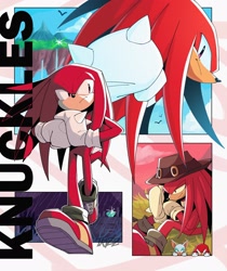 Size: 1722x2048 | Tagged: safe, artist:trizziefrizzie, knuckles the echidna, bird, 2025, angel island, character name, cracking knuckle, daytime, frown, grass, hat, knuckles' hat, literal animal, looking at viewer, looking offscreen, master emerald, nighttime, outdoors, poster, rain, sitting, smile, solo, sunset, walking