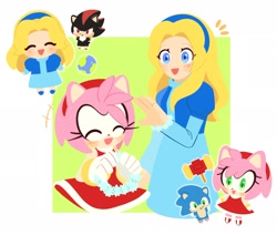 Size: 2048x1737 | Tagged: safe, artist:kumoggu, amy rose, maria robotnik, shadow the hedgehog, sonic the hedgehog, human, amybetes, blushing, chibi, cute, earth, flower crown, group, holding something, mariabetes, piko piko hammer, planet, simple background, white background