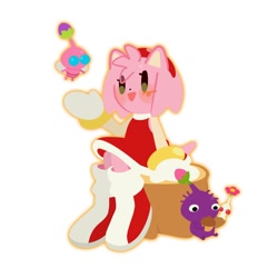 Size: 1280x1280 | Tagged: safe, artist:kumoggu, amy rose, acorn, blushing, crossover, group, pikmin, simple background, sitting, tree stump, white background